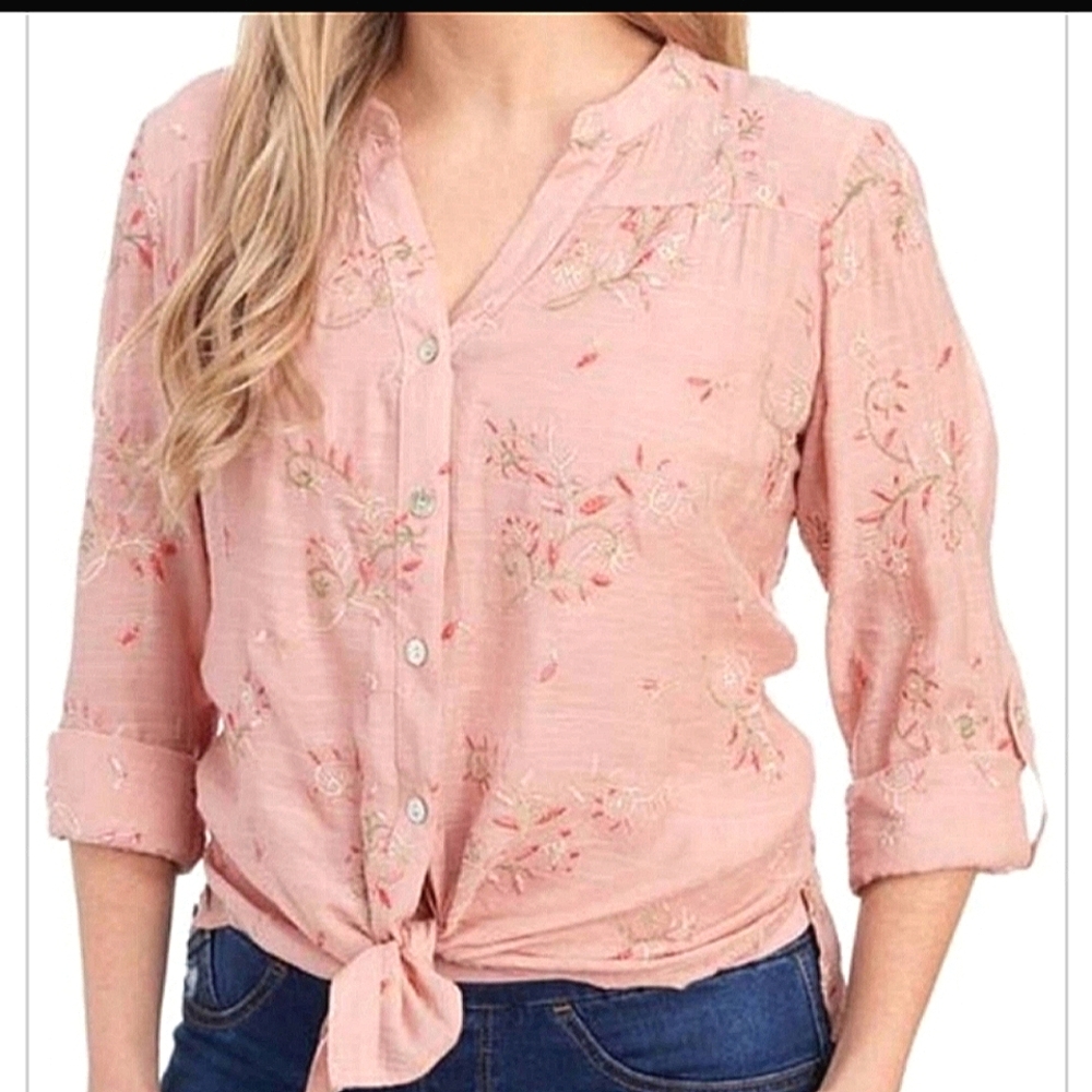 Anthropologie Fig and Flower Embroidered Tunic Blouse Roll Tab Button Front Pink
